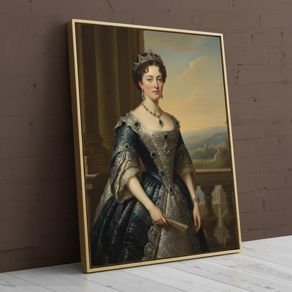 A digitally rendered portrait of a woman dressed in an elegant, regal gown and crown, created as Blessed Protector using AI technology.