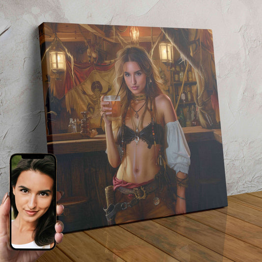 A custom digital portrait of a woman dressed as a pirate queen, standing in a detailed tavern scene.