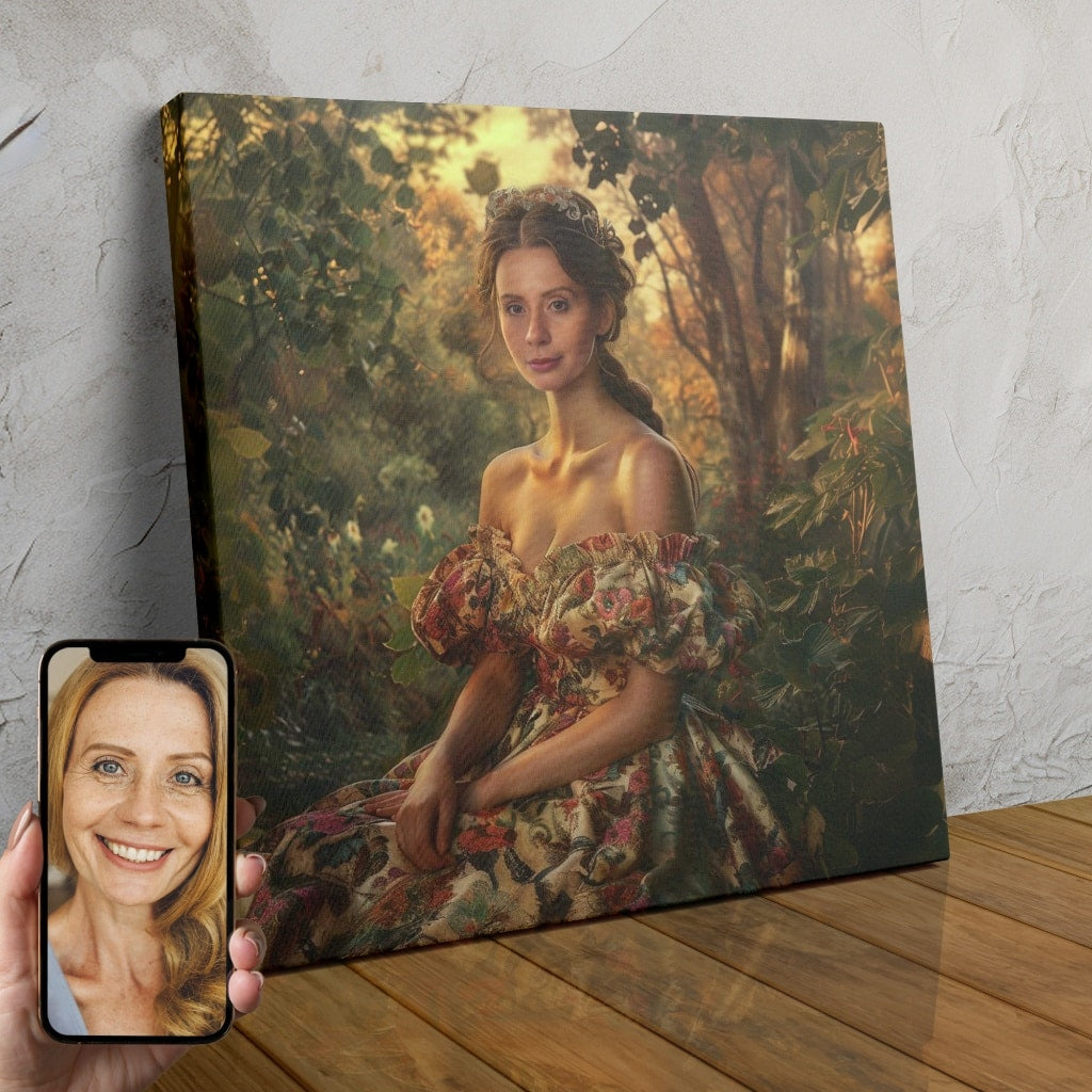A custom digital portrait of a woman dressed as a princess, surrounded by a beautiful garden scene.