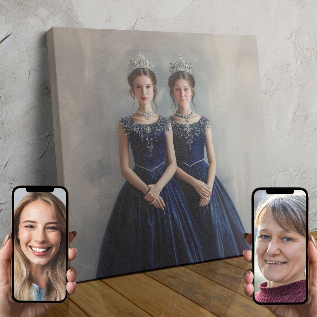 Two women in matching blue gowns and crowns, standing side by side in a custom royal portrait.