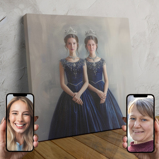 Two women in matching blue gowns and crowns, standing side by side in a custom royal portrait.
