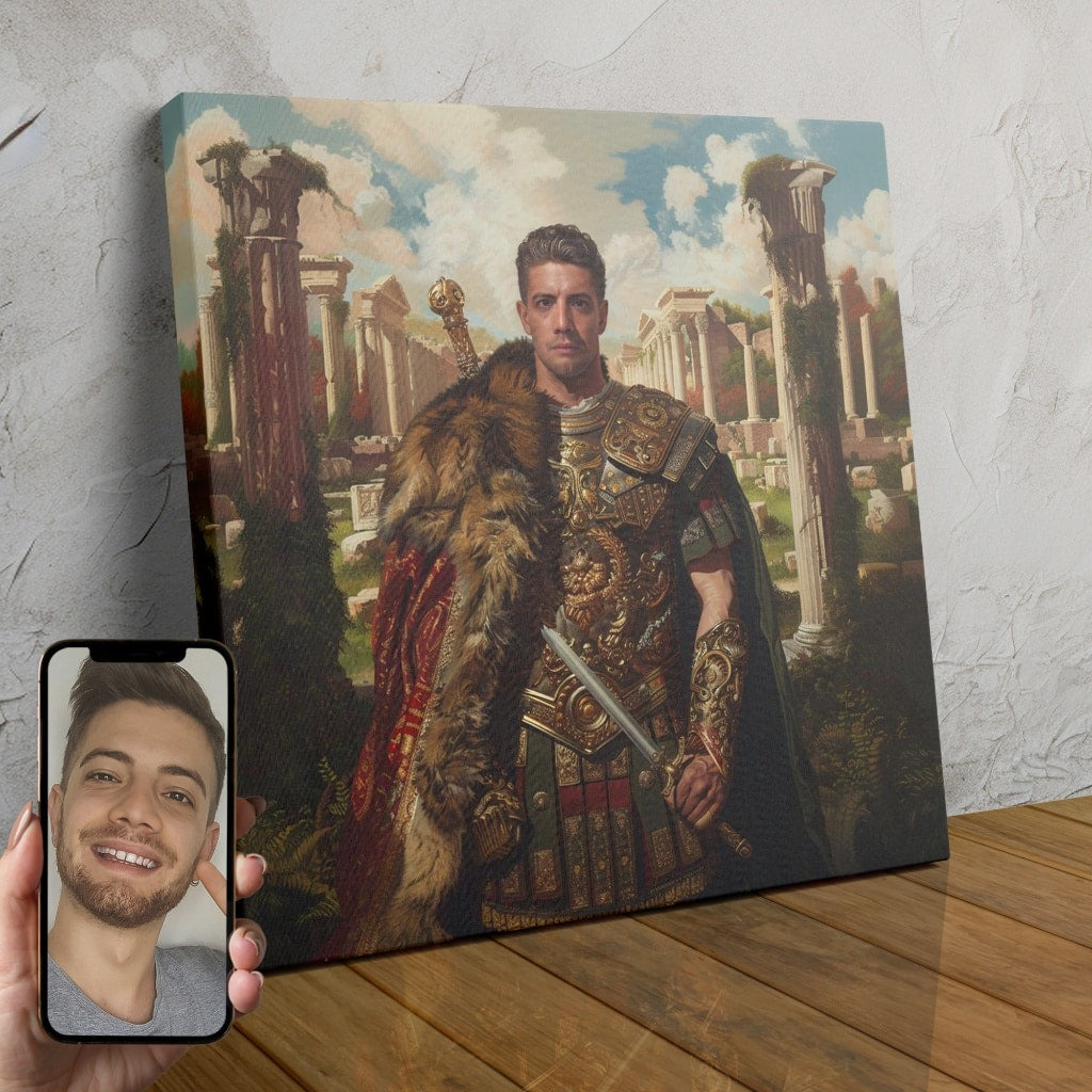 A custom portrait of a man in a gladiator costume, set against a backdrop of ancient Roman ruins.