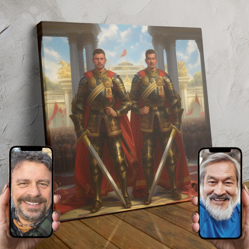 Two people transformed into noble gladiators in a custom royal duo portrait, wearing regal attire and posing as legendary warriors.