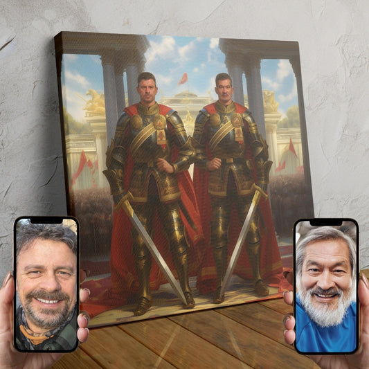 Two people transformed into noble gladiators in a custom royal duo portrait, wearing regal attire and posing as legendary warriors.