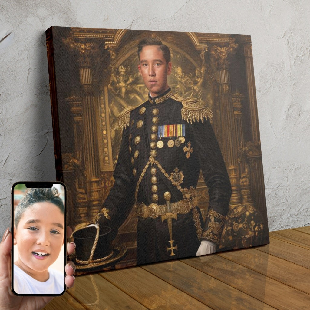 A custom digital portrait of a man in a military-style uniform, depicted as a brave prince or nobleman.