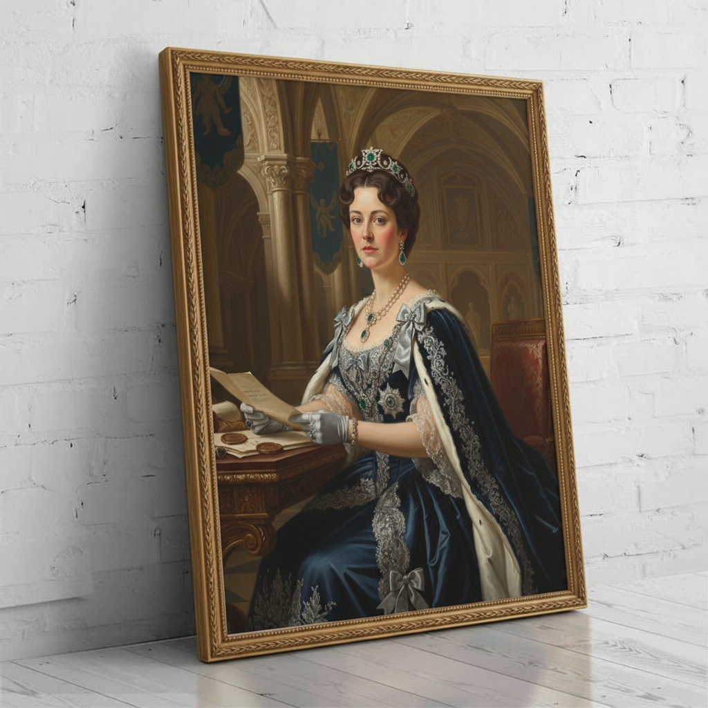 A digitally rendered portrait of a woman dressed in an elegant, regal gown and crown, created as Brave Lady using AI technology.