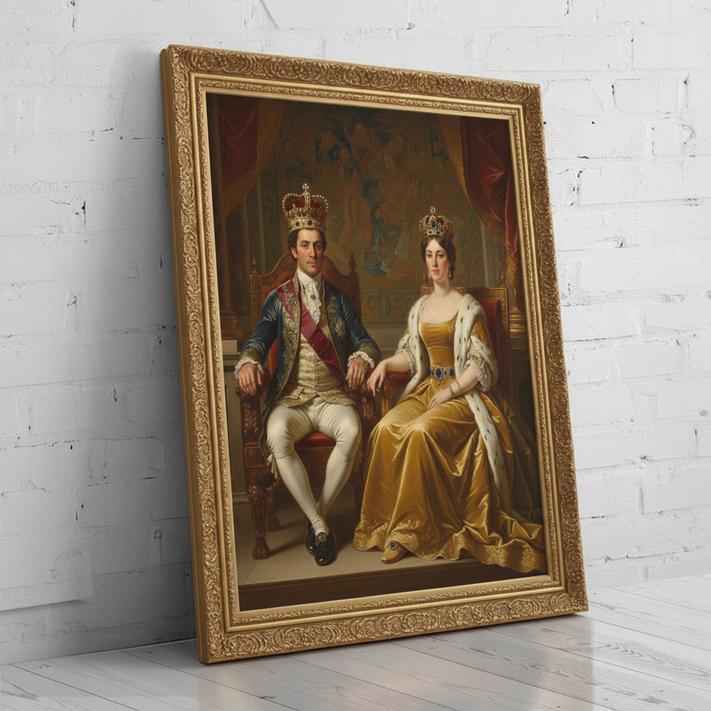 A custom portrait of a man in a gold-embroidered royal uniform, depicting him as Brilliant Sacred Sisterhood of royal heritage.