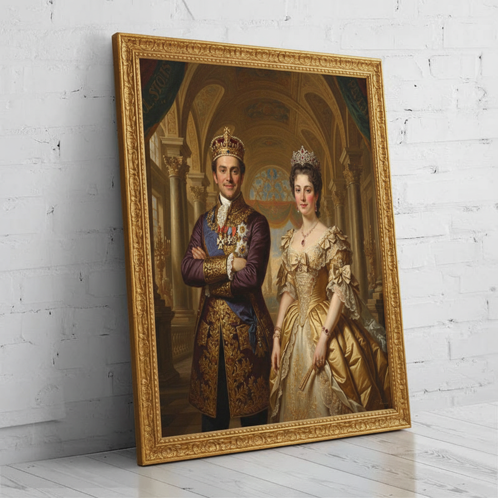 A digitally rendered portrait of a woman dressed in an elegant, regal gown and crown, created as Bronze Sacred Sisterhood using AI technology.