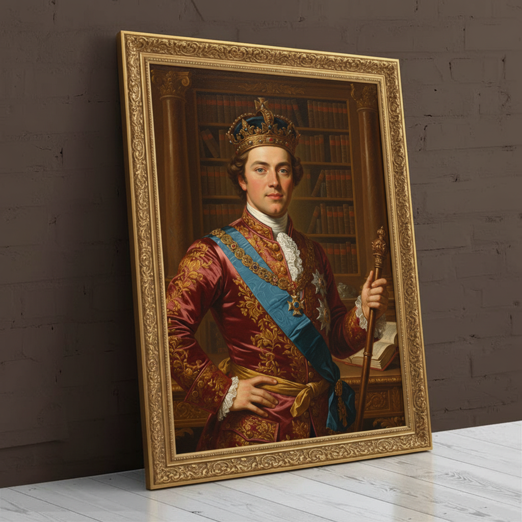 A custom portrait of a man in a gold-embroidered royal uniform, depicting him as Bronze Sovereign of royal heritage.