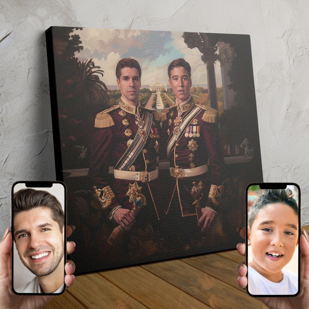 Two men in regal medieval attire posing together in a custom royal portrait.