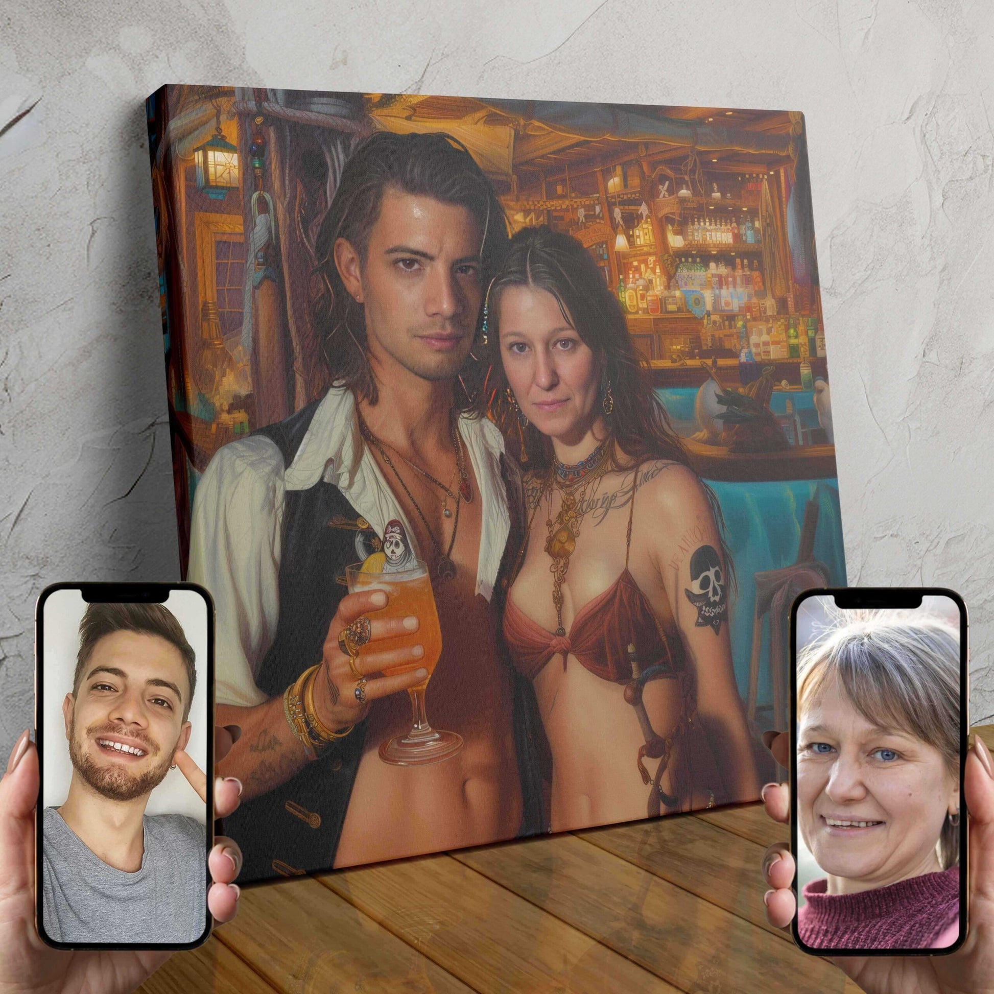 A custom digital painting of a man and woman dressed as Captain Hook and Red Jessica, pirates from the high seas, posing in a cozy tavern setting.