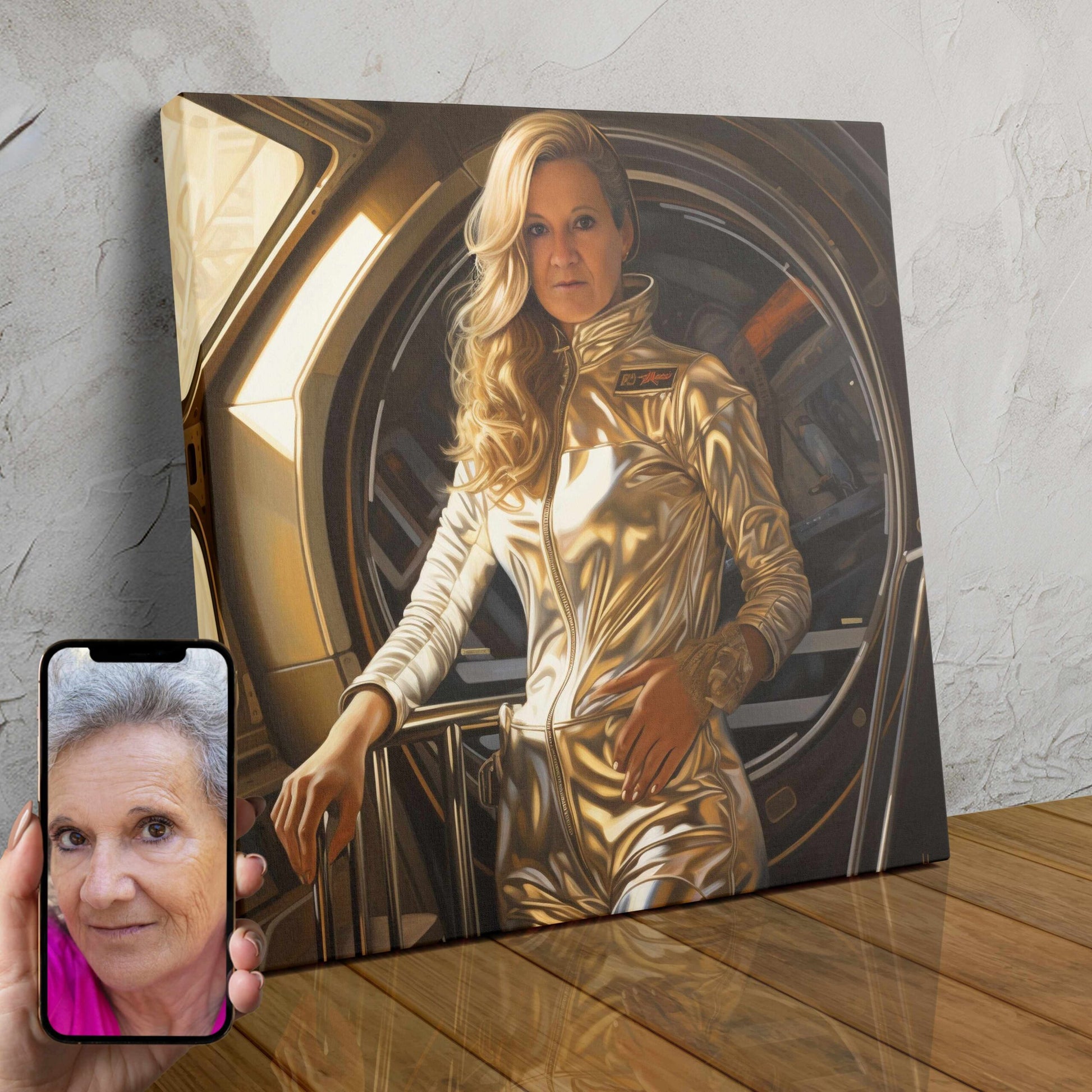 A custom digital portrait of a woman dressed in an astronaut suit, floating in space against a backdrop of stars and planets.