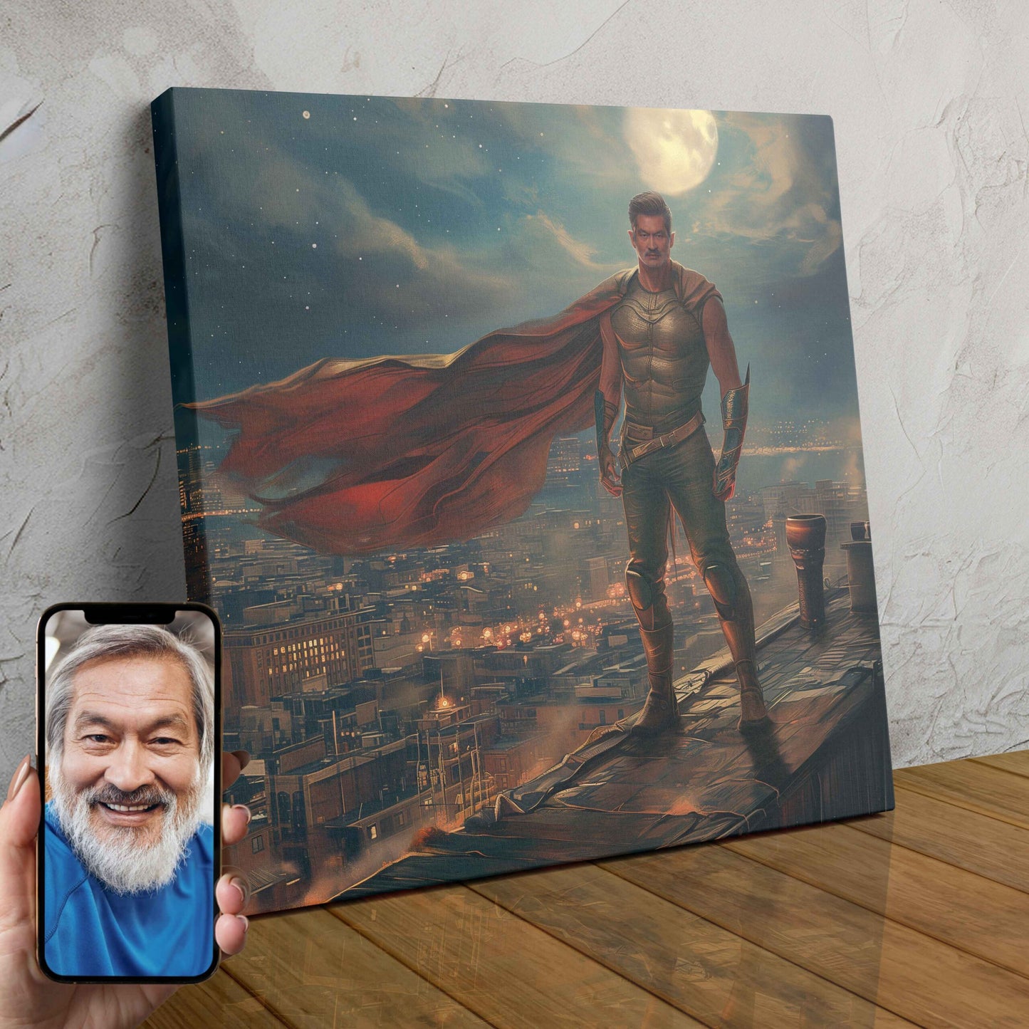 A powerful superhero character, the "Crimson Guardian," stands tall in a glowing city skyline, wearing a flowing red cape.