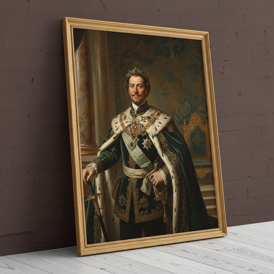 A custom portrait of a man in a gold-embroidered royal uniform, depicting him as Crimson Duke of royal heritage.