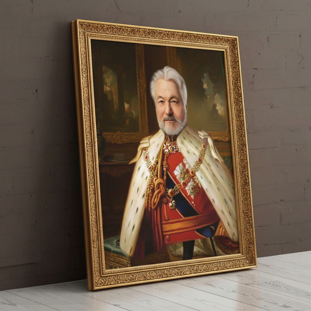 A custom portrait of a man in a gold-embroidered royal uniform, depicting him as Crimson General of royal heritage.