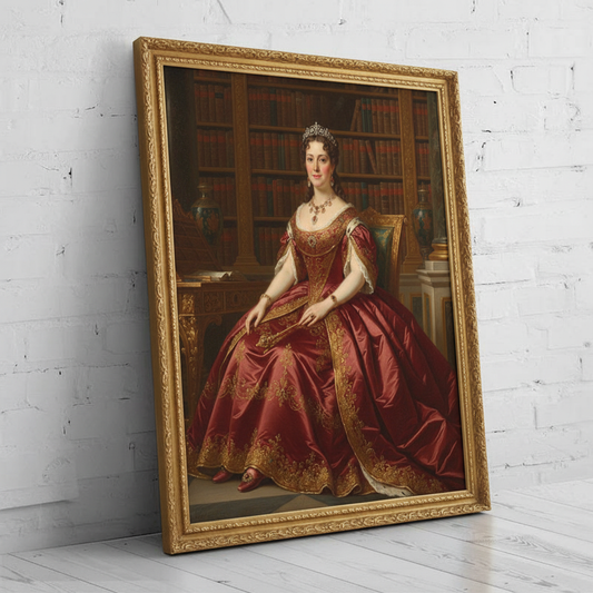 A digitally rendered portrait of a woman dressed in an elegant, regal gown and crown, created as Crimson Queen using AI technology.