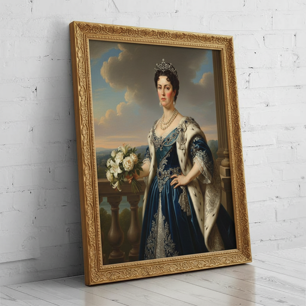 A digitally rendered portrait of a woman dressed in an elegant, regal gown and crown, created as Crowned Marshal using AI technology.
