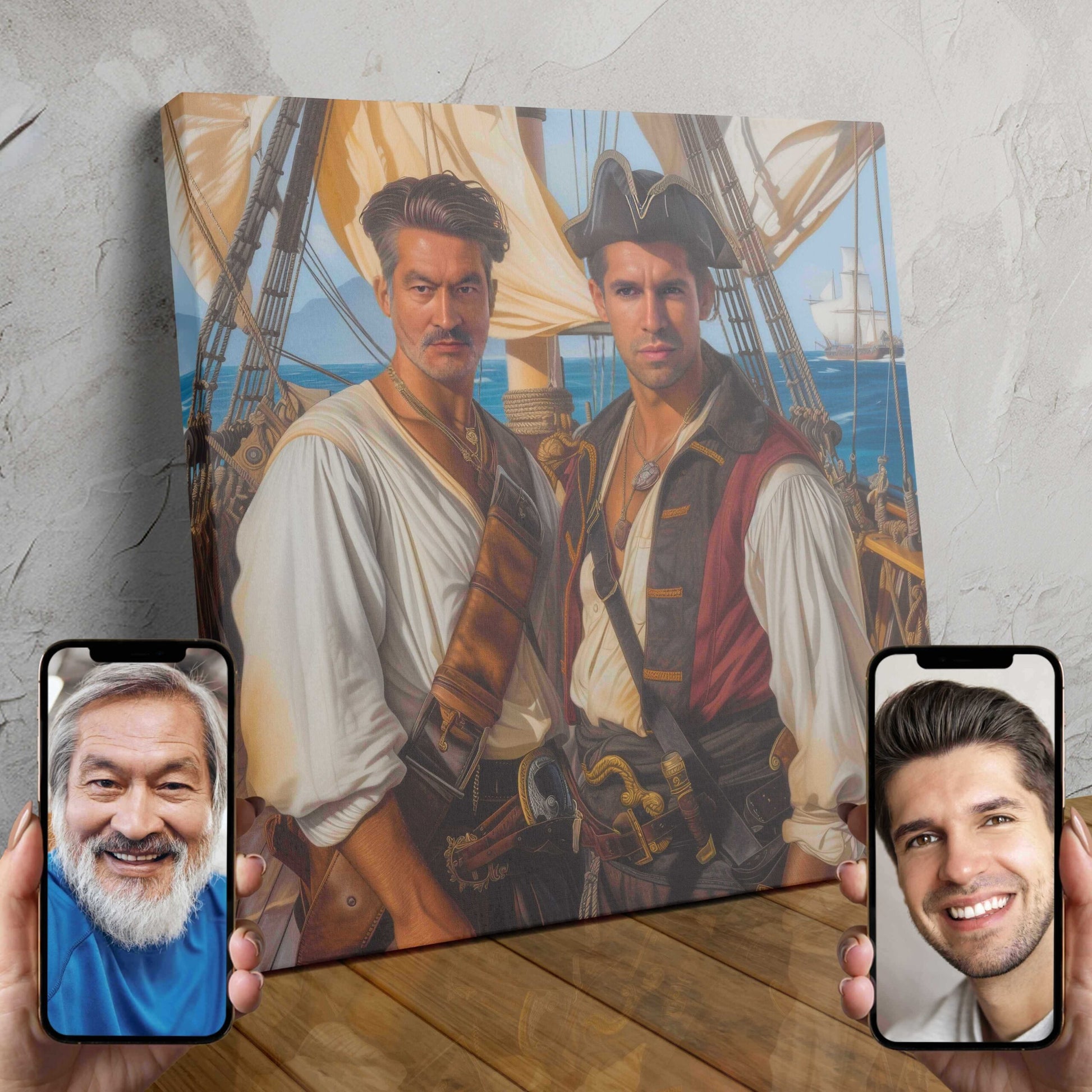 Two people dressed as pirates standing on the deck of a sailing ship, surrounded by the sea and sky.