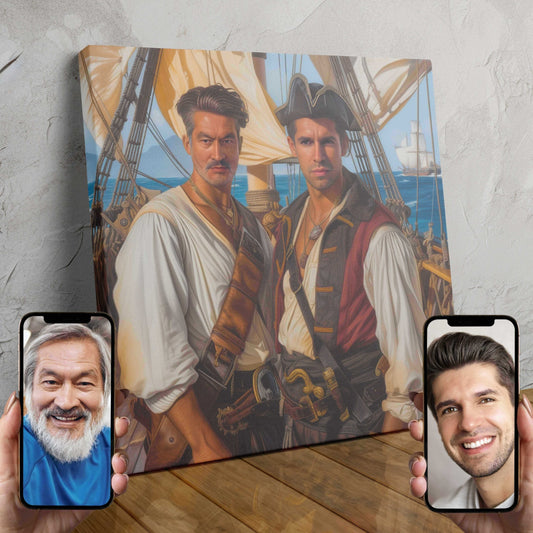 Two people dressed as pirates standing on the deck of a sailing ship, surrounded by the sea and sky.