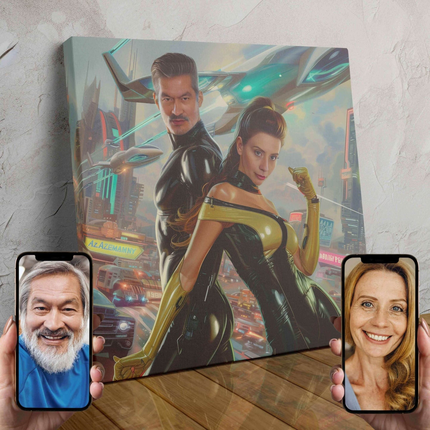 A custom digital portrait of a couple transformed into cyber hero characters against a neon-lit cityscape background.