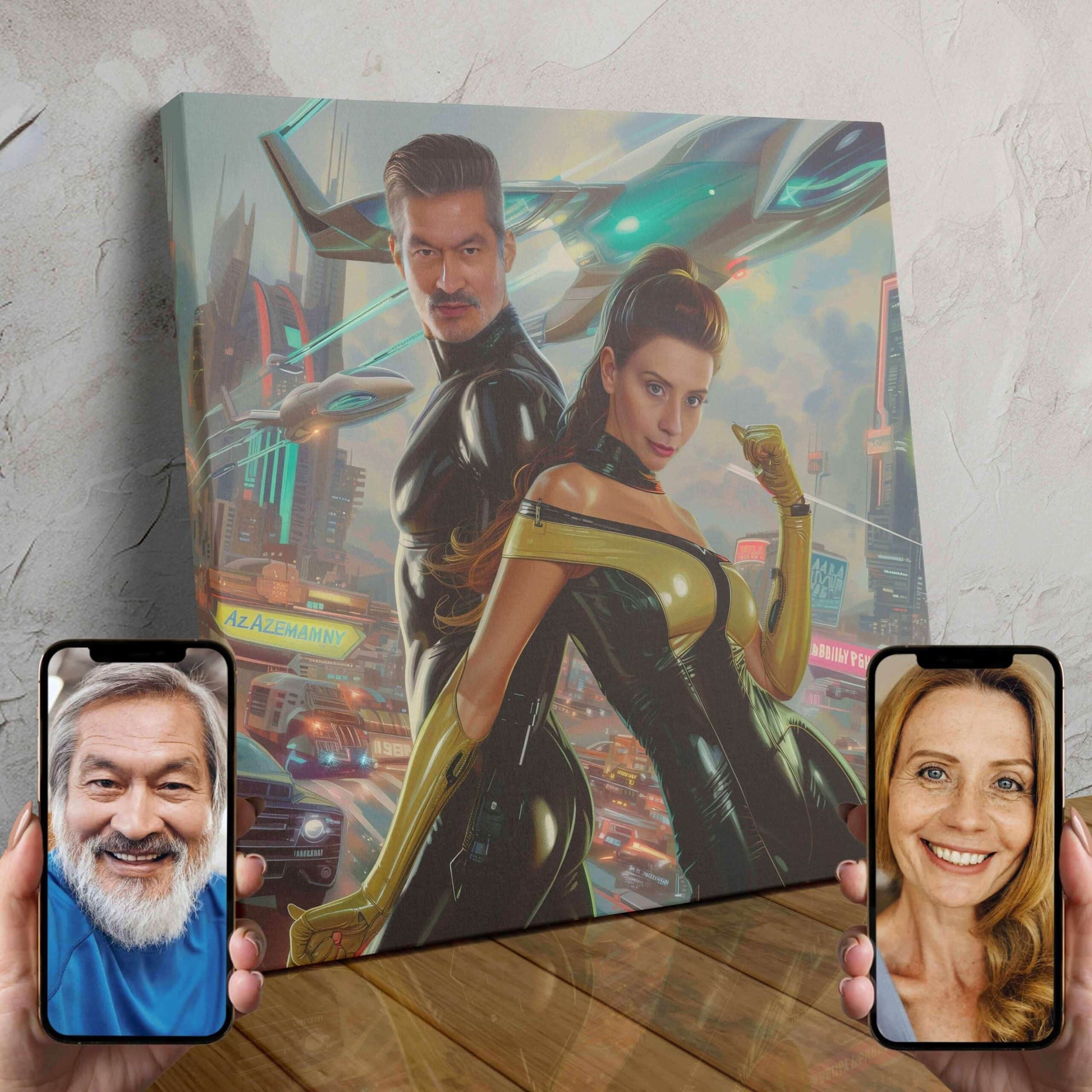 A custom digital portrait of a couple transformed into cyber hero characters against a neon-lit cityscape background.