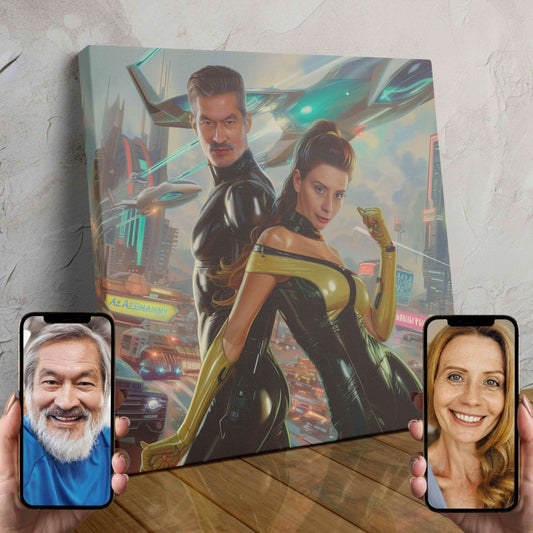 A custom digital portrait of a couple transformed into cyber hero characters against a neon-lit cityscape background.