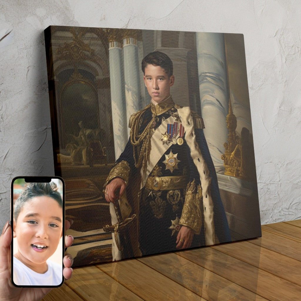 A digital painting of a man in a golden crown and regal attire, transformed into a dashing prince using AI technology.