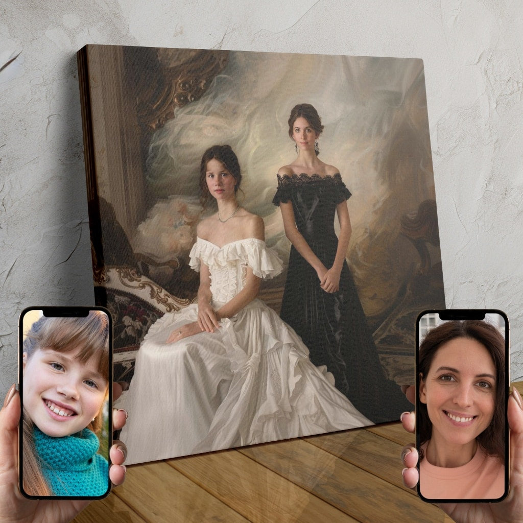 A custom portrait of a royal couple, dressed in elegant attire and posing in a majestic setting.