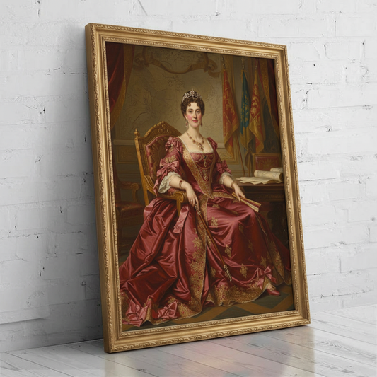 A digitally rendered portrait of a woman dressed in an elegant, regal gown and crown, created as Diamond Lady using AI technology.