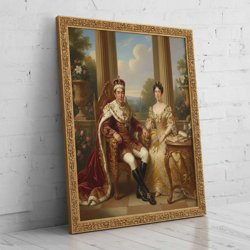 A digitally rendered portrait of a woman dressed in an elegant, regal gown and crown, created as Divine Crowned Pair using AI technology.