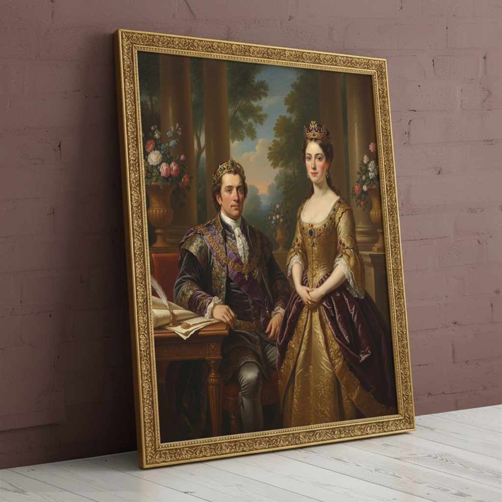 A custom portrait of a man in a gold-embroidered royal uniform, depicting him as Divine Sovereign Duo of royal heritage.