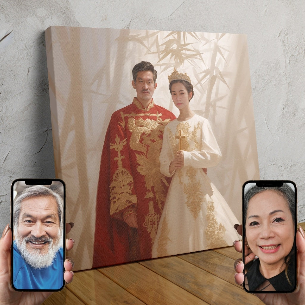 A digitally-painted portrait of an elegant Asian royal couple in traditional attire, created using AI technology.