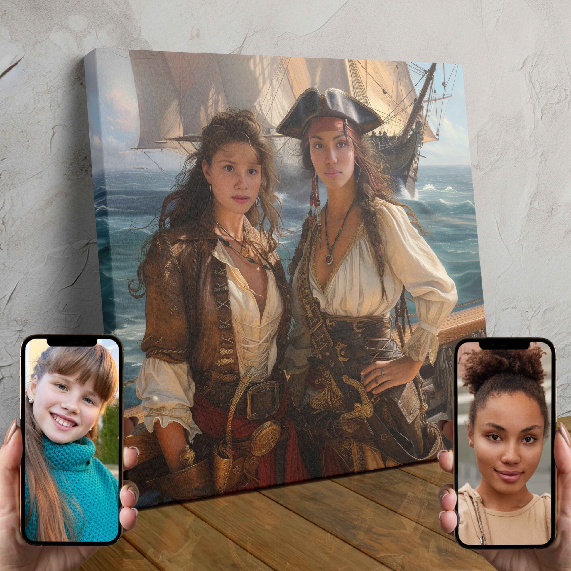 Two people dressed as pirates, standing together on a ship's deck with the ocean in the background.