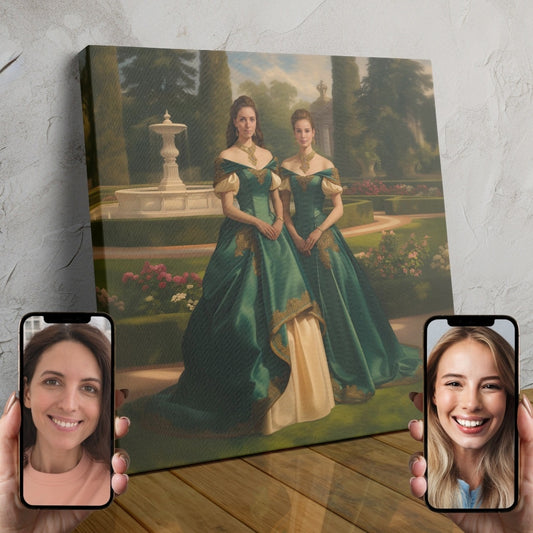 Two women dressed in luxurious emerald gowns posing in a lush palace garden, transformed into elegant duchess characters through AI-powered custom portraiture.
