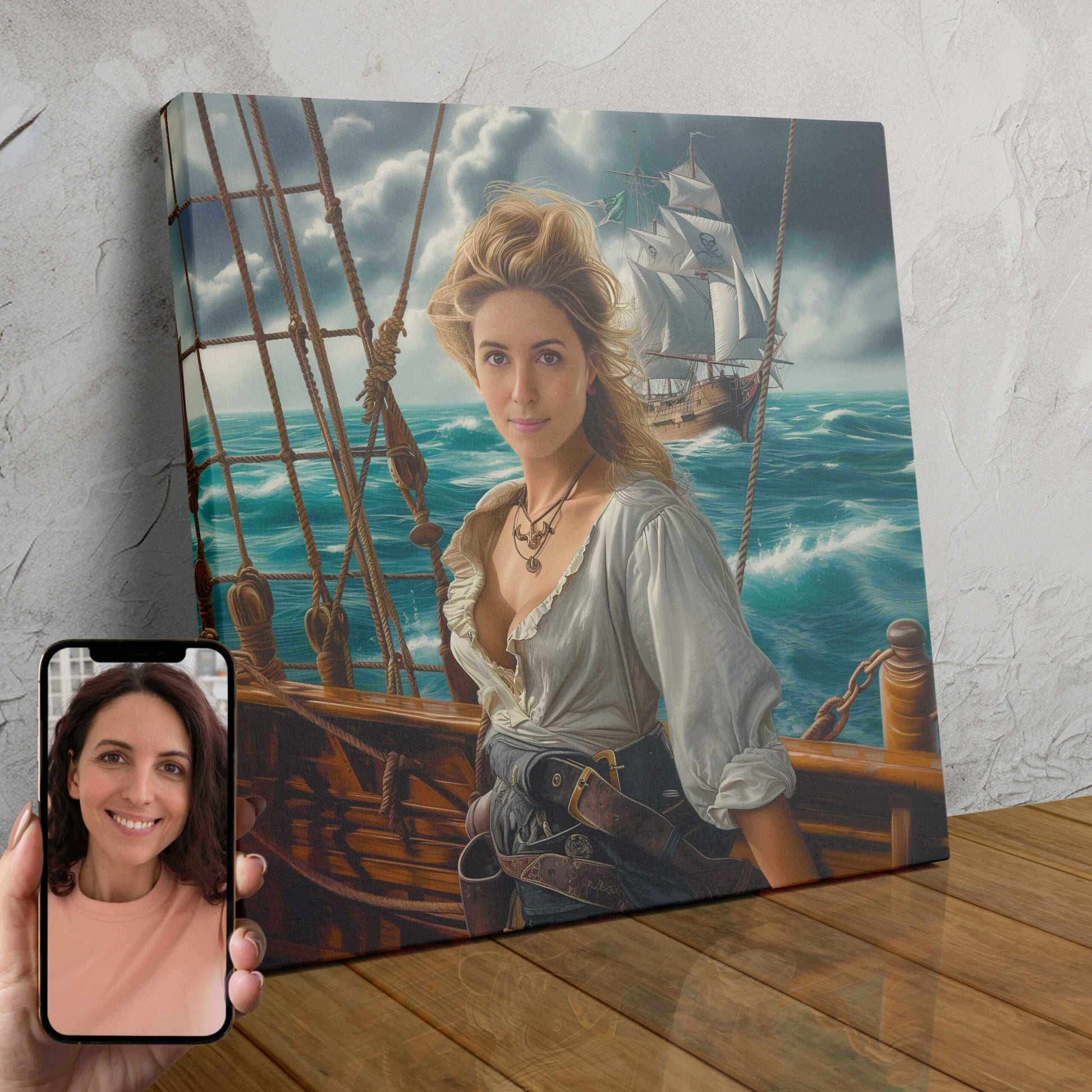 A custom portrait of a woman in pirate attire, standing on the deck of a sailing ship with a confident, windswept look.