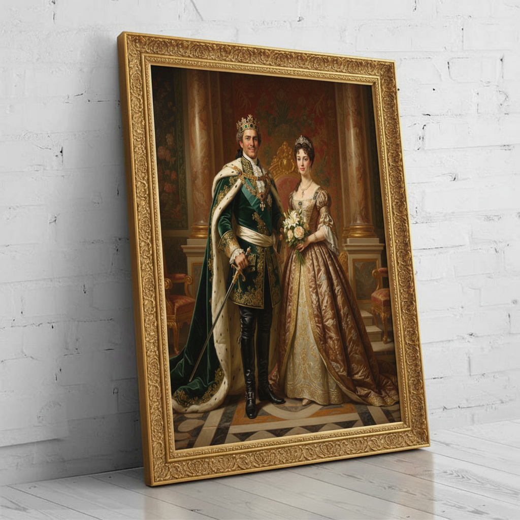 A custom portrait of a man in a gold-embroidered royal uniform, depicting him as Emerald Royal Brotherhood of royal heritage.