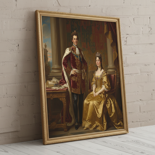 A digitally rendered portrait of a woman dressed in an elegant, regal gown and crown, created as Emerald Sovereign Duo using AI technology.