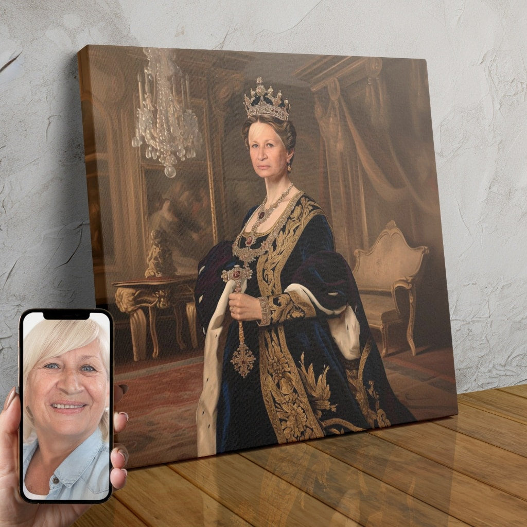 A digitally rendered portrait of a woman dressed in an elegant, regal gown and crown, created using AI technology.