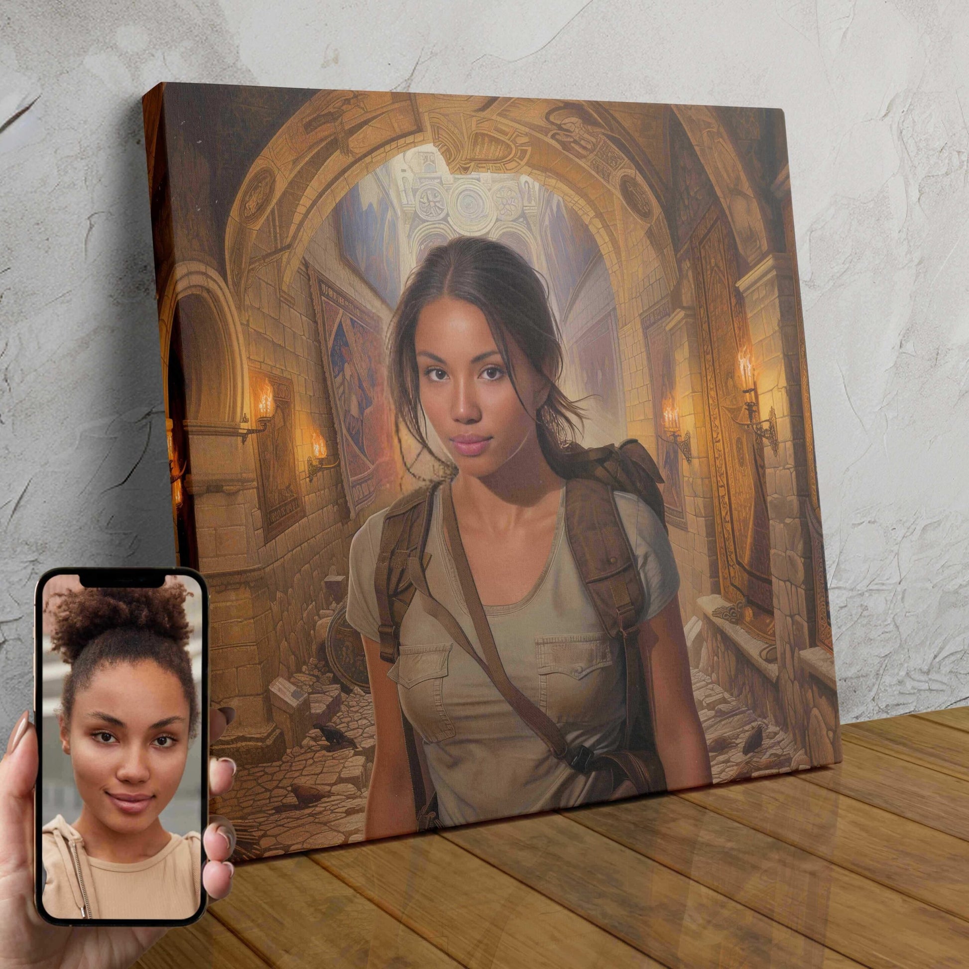 A personalized custom portrait depicting a woman in an ancient, torch-lit corridor, ready to explore as an intrepid adventurer.
