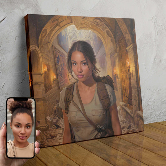 A personalized custom portrait depicting a woman in an ancient, torch-lit corridor, ready to explore as an intrepid adventurer.