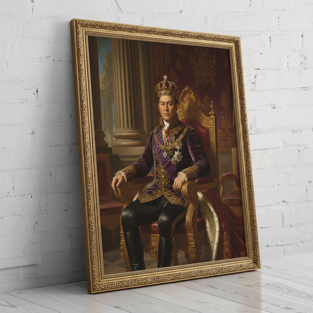 A custom portrait of a man in a gold-embroidered royal uniform, depicting him as Eternal Chief of royal heritage.