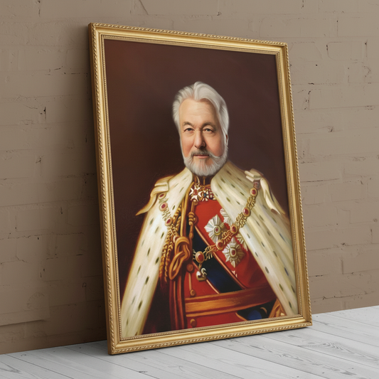 A custom portrait of a man in a gold-embroidered royal uniform, depicting him as Eternal Emperor of royal heritage.