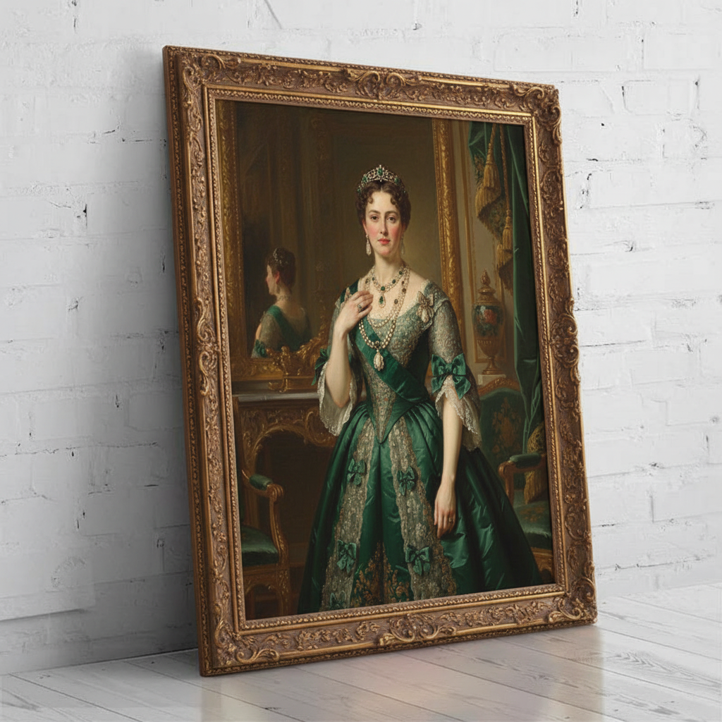 A digitally rendered portrait of a woman dressed in an elegant, regal gown and crown, created as Eternal Queen using AI technology.
