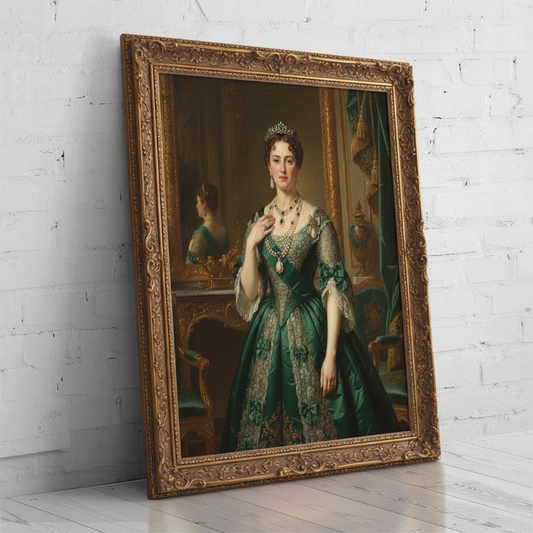 A digitally rendered portrait of a woman dressed in an elegant, regal gown and crown, created as Eternal Queen using AI technology.