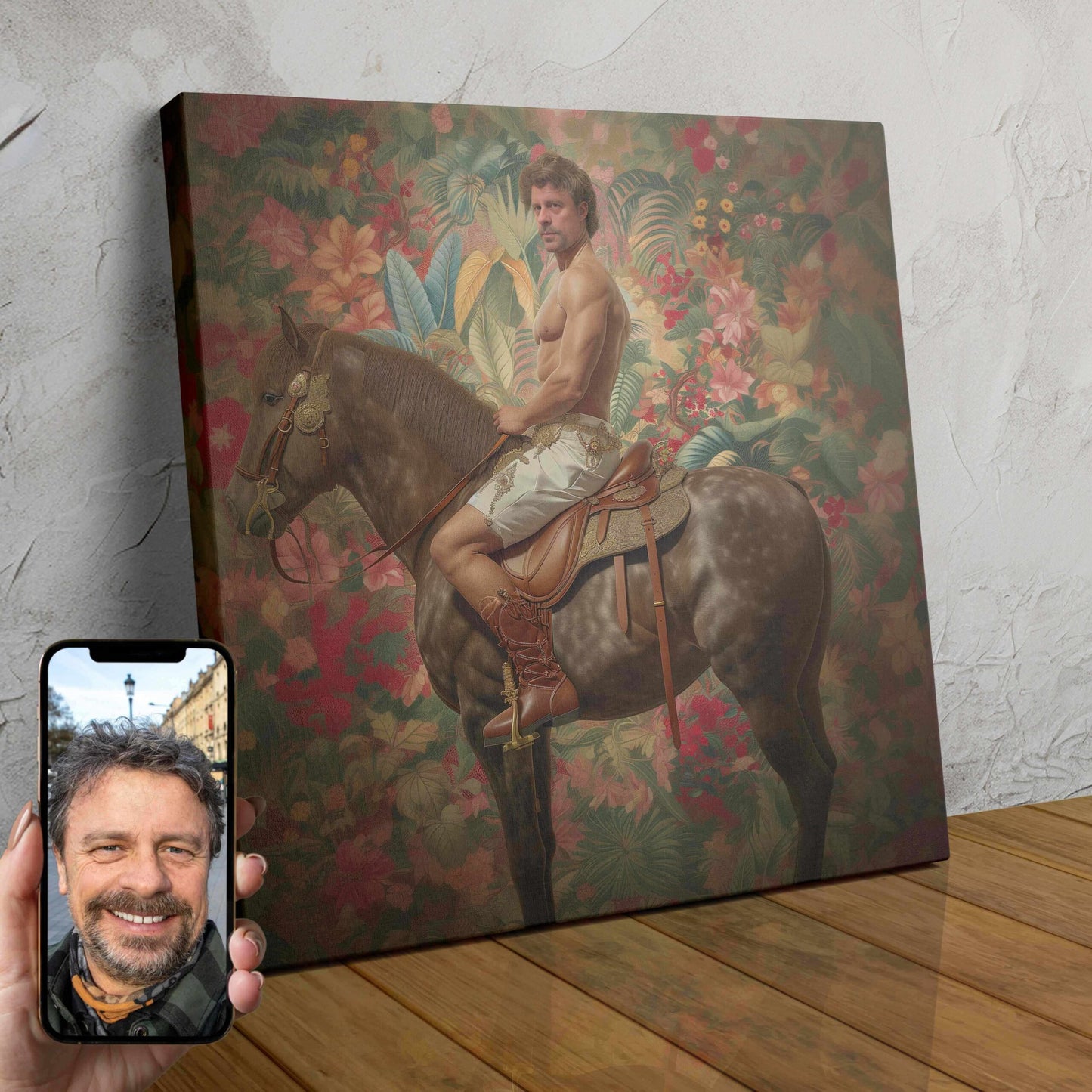 A person dressed as an exotic prince riding a majestic horse in a lush, fantasy-inspired setting.