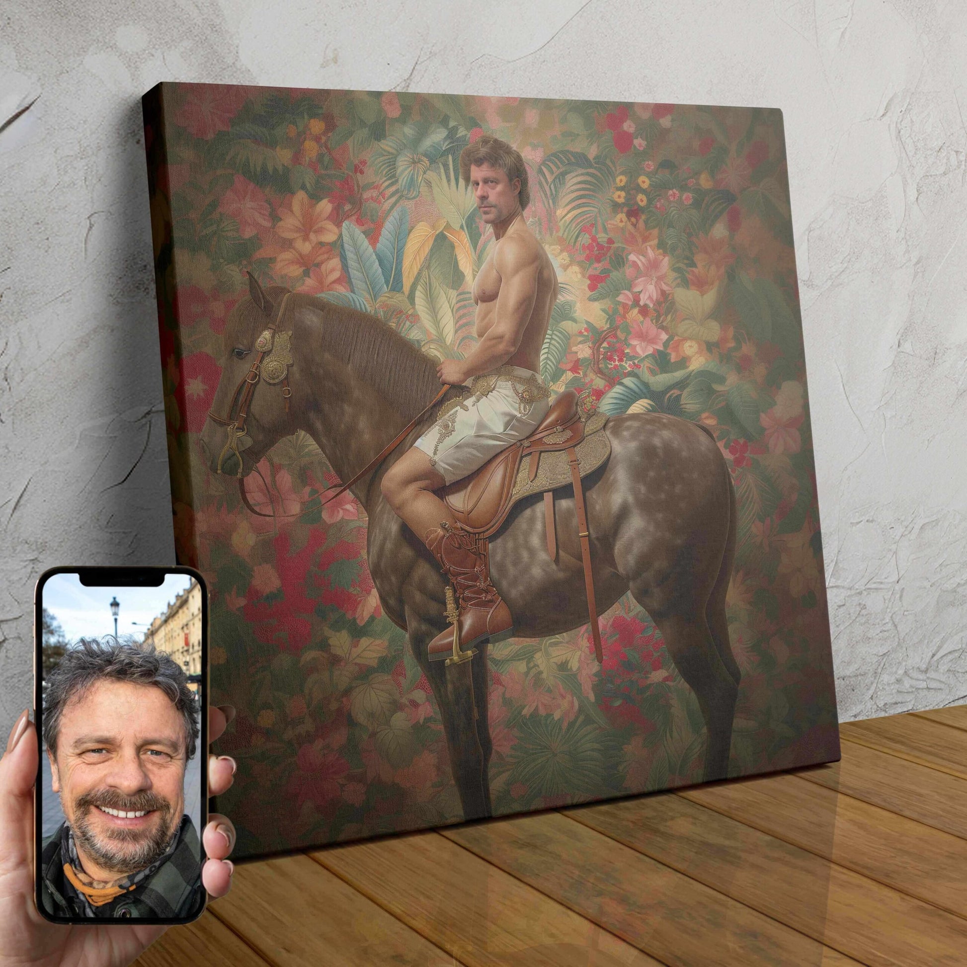 A person dressed as an exotic prince riding a majestic horse in a lush, fantasy-inspired setting.