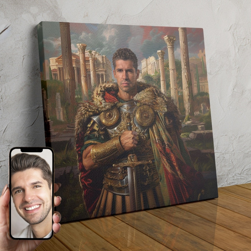 A personalized portrait of a man dressed as a mighty Roman gladiator, standing tall in ornate golden armor.
