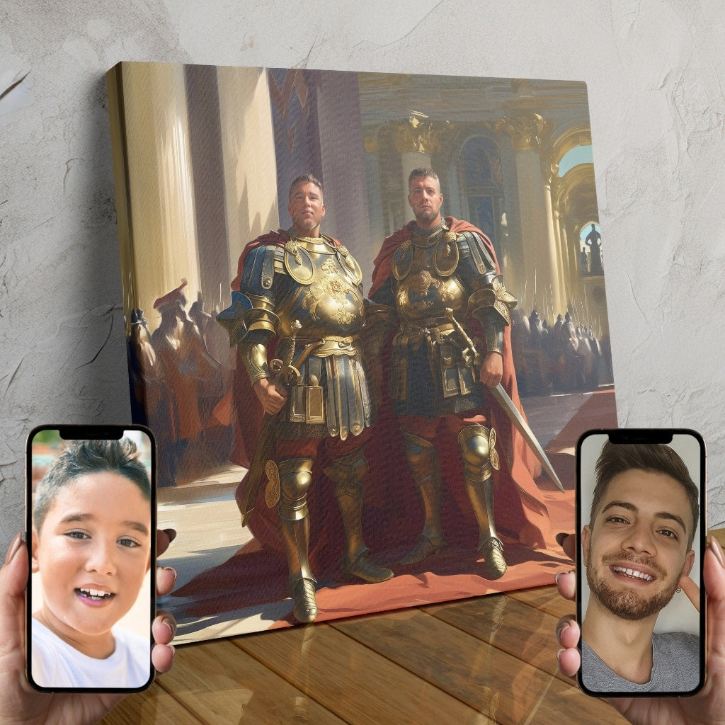 Two people in golden Roman warrior armor and crimson capes, posing as mighty champions in a custom AI-generated portrait.