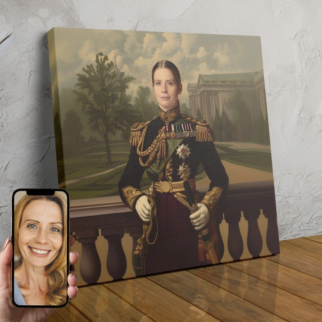 A custom portrait of a woman in a regal military uniform, with elaborate gold accents and a commanding presence.