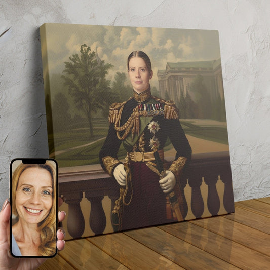 A custom portrait of a woman in a regal military uniform, with elaborate gold accents and a commanding presence.